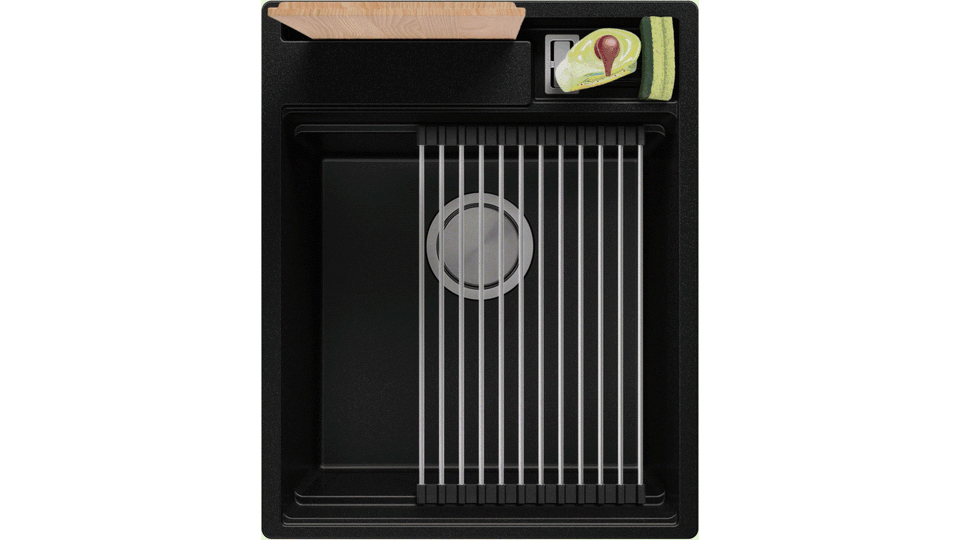 Fregadero de granito de un seno sin escurridor y espacio para accesorios y tabla de cortar Oslo 45 Pocket + Gratis