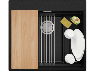Fregadero cocina de granito sin escurridor con un solo grande seno XXL Oslo 80 Level+enrollable escurridor de platos