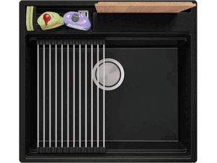 Fregadero cocina de granito sin escurridor con un solo grande seno XXL Oslo 90 Level+enrollable escurridor de platos
