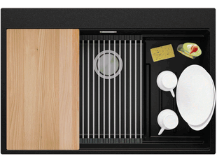 Fregadero cocina de granito sin escurridor con un solo grande seno MAX Oslo 60 Level+enrollable escurridor de platos